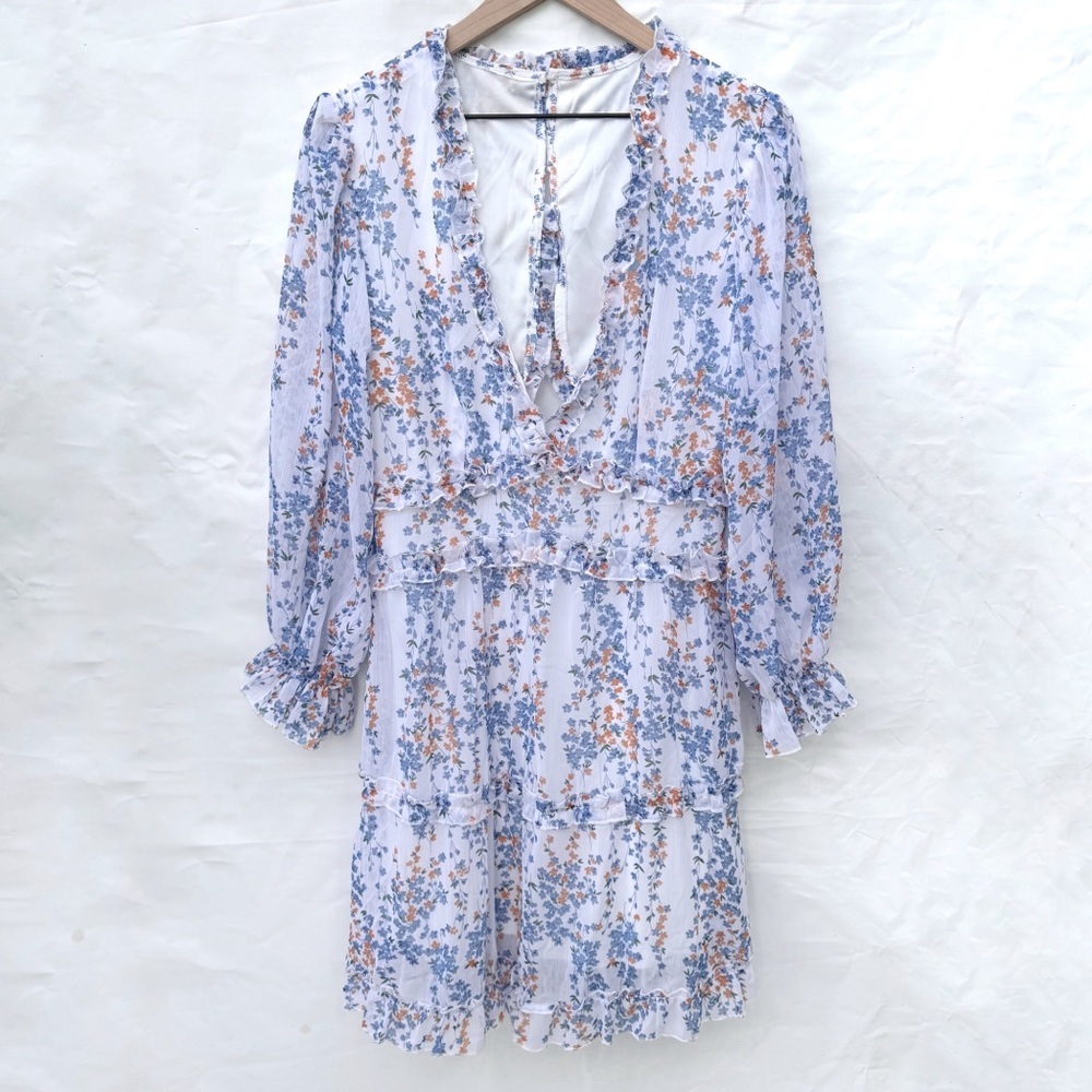 Blue, orange, white floral print ruffle v neck open back dress size large aug1